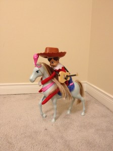 Blizzard riding Barbie's horse while wearing Woody's hat.