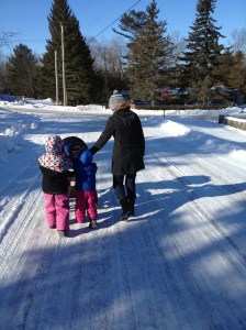 Abby, Aiden & Auntie Julie pushing Macklan to breakfast