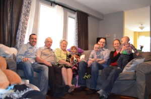 Peter, Dad, Mom, Abby, Rob with Aiden and Julie with Macklan.