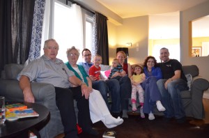 From L-R: Dad, Mom, Rob with Aiden, Julie with Macklan, Abby, Melissa & Peter.