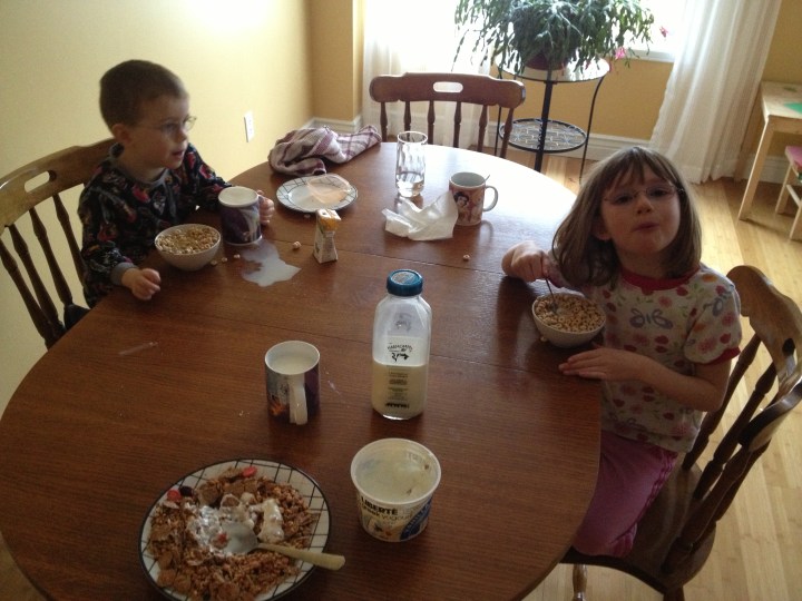 Greek Yogurt with a lot of cereal. A mug with half water and half milk, cherios filled to the top. Yum Yum