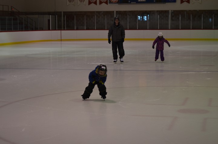 Abby and Aiden with Daddy skating at the Warsaw Arena