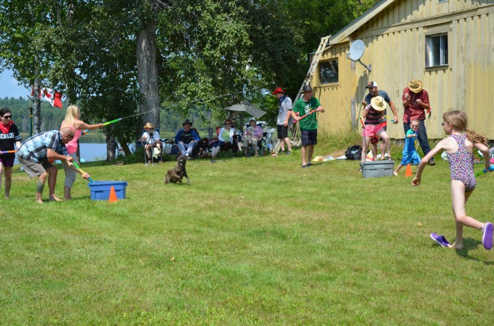 Everyone playing the water game (Abby loses her shoe)