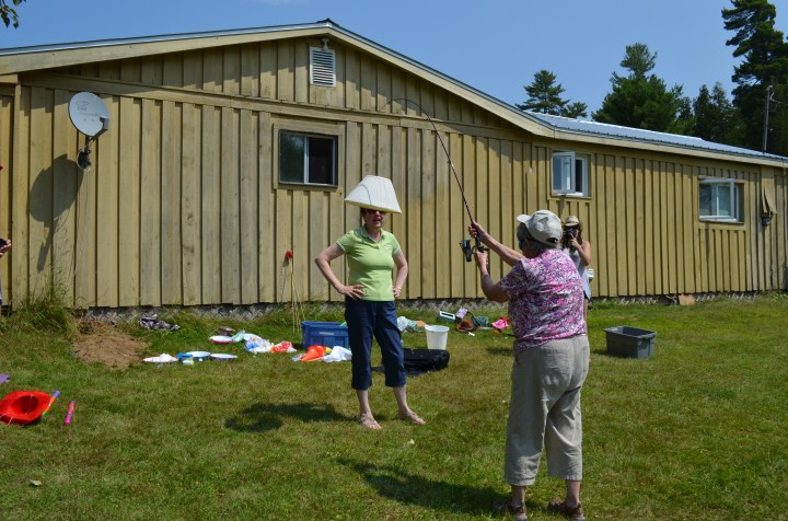 Joyce blindfold lampshade fishing with Jackie