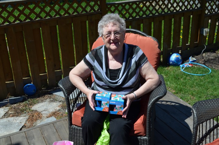 Mama with her Mugs that Abby and AIden made for her
