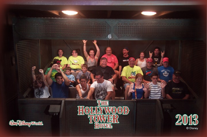 Peter riding the Tower of Terror Ride (Toronto Maple Leafs Shirt on the far Right)