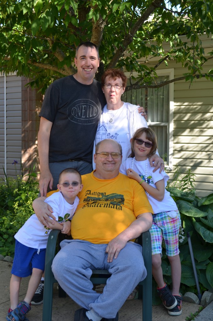 Family portrait with new trip that I got for Father's day Abby, Grandpa, Aiden, Peter and Grandma.