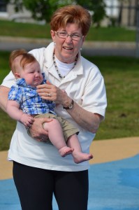 Auntie Cathy with Jake at the Splash Pad